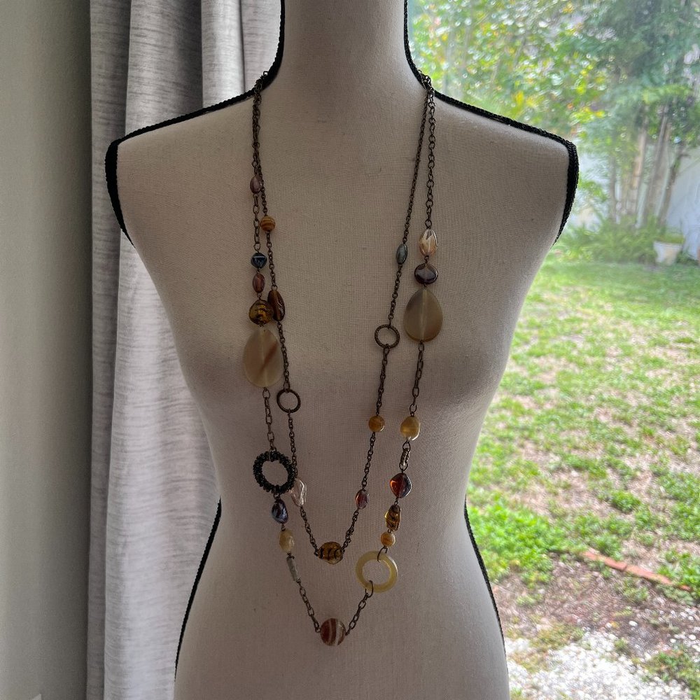 Long Double Strand Brass Tone Murano Glass Style Beaded Necklace